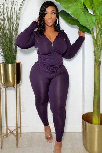 Plus Size Purple Zip Drawstring Hoody Top and Pants 2PCS Set
