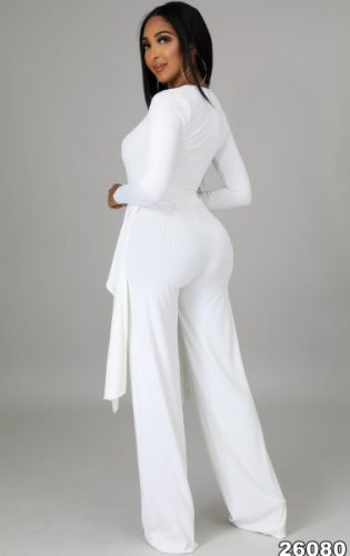 White V-Neck Long Sleeves Irregular Top and Loose Pants 4PCS Set