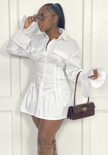 White Flare Sleeve Button Up Nipped Waists Shirt