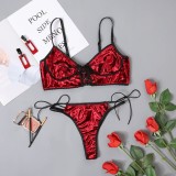 Red Velvet Lace Up Bra and Micro Thong Lingerie 2PCS Set
