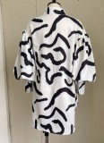 Black Stripes Print White Puff Sleeve Button Up Loose Blouse Dress