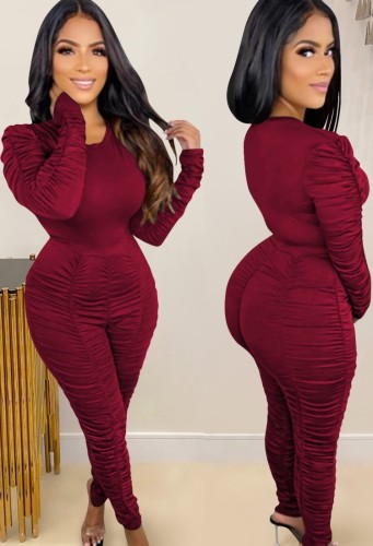 Red Ruched Long Sleeve O-Neck Tight Top and Pant 2PCS Set