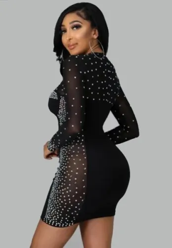 Black Beaded Patchwork Long Sleeve O-Neck Mini Skinny Dress