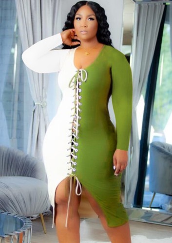 White and Green Contrast Lace Up Long Sleeve Midi Dress