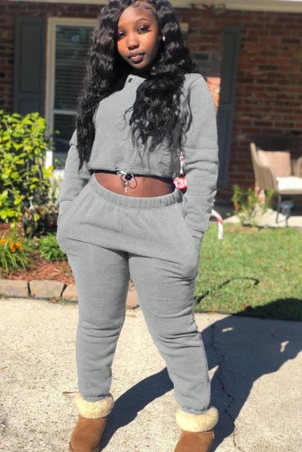 Grey Long Sleeves O-Neck Crop Top and and Pants Two Piece Set