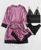 Rose Silk Nightgown and Panty Black Lace Lingerie 4PCS Set