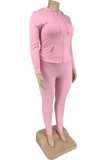 Plus Size Pink Zip Drawstring Hoody Top and Pants 2PCS Set