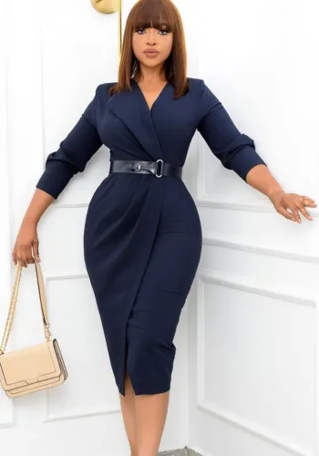 Blue V-Neck Wrap Midi Office Dress with Matching Belt