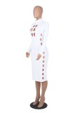 White Hollow Out Turtleneck Long Sleeve Bodycon Long Dress