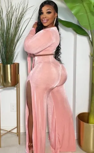 Pink Velvet V-Neck Tie Crop Top and Split Pants 2PCS Set