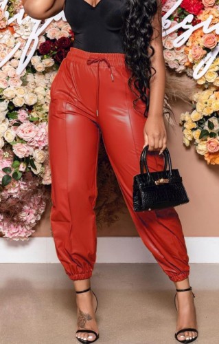Red PU Leather High Waist Drawstring Trousers