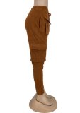 Brown Drawstring Cargo Pants with Pocket