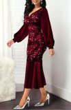 Red Sequins Silk V-Neck Long Sleeve Midi Mermaid Dress