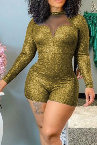 Sparkly Golden See Through Midi Neck Long Sleeve Romper