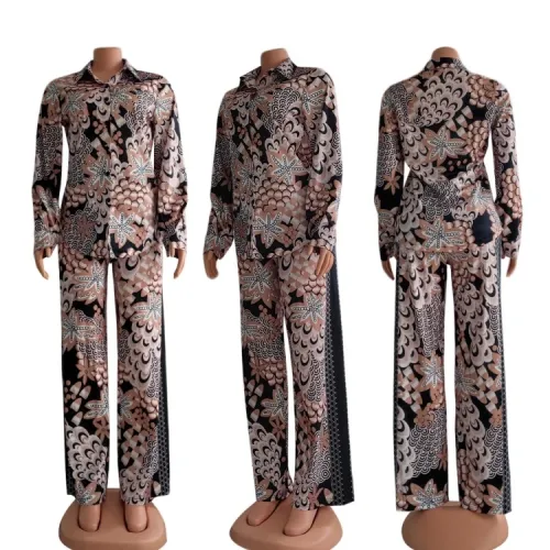Retro Print Button Open Blouse and Wide Pant 2PCS Set