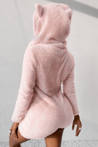 Pink Warm Fleece Zipper Up Cute Hoody Romper Pajamas