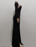 Black Single Sleeve Split Backless Mermaid Long Evening Dress