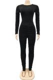 Black Ruched Long Sleeve O-Neck Tight Top and Pant 2PCS Set