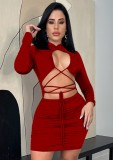 Red Long Sleeve Lace Up Cut Out Ruched Mini Fitted Dress