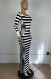 Stripes Square Neck Long Sleeve Slinky Maxi Mermaid Dress