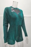 Sparkly Green See Through Midi Neck Long Sleeve Romper