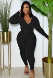 Plus Size Black Zip Drawstring Hoody Top and Pants 2PCS Set