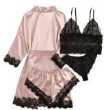 Pink Silk Nightgown and Panty Black Lace Lingerie 4PCS Set