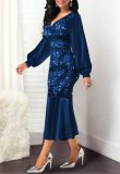 Blue Sequins Silk V-Neck Long Sleeve Midi Mermaid Dress