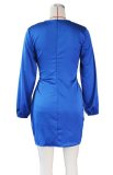 Blue Silk V-Neck Long Sleeve Mini Dress With Matching Belt