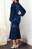Blue Sequins Silk V-Neck Long Sleeve Midi Mermaid Dress
