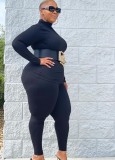 Plus Size Black Turtleneck Fitted Top and Pant 2PCS Set