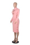 Pink Hollow Out Turtleneck Long Sleeve Bodycon Long Dress
