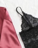 Red Silk Nightgown and Panty Black Lace Lingerie 4PCS Set