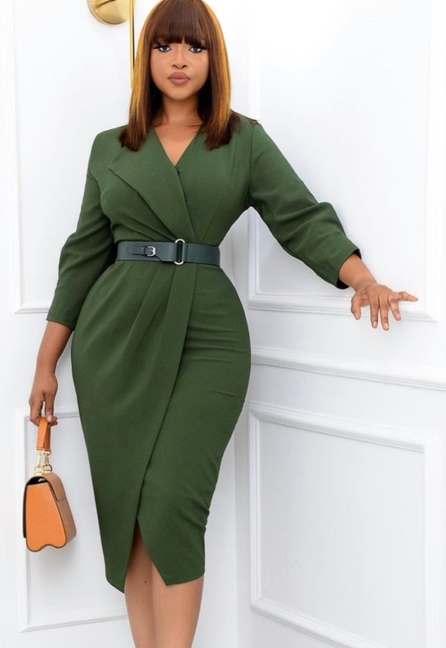 Green V-Neck Wrap Midi Office Dress with Matching Belt