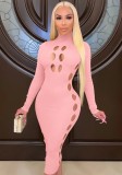 Pink Hollow Out Turtleneck Long Sleeve Bodycon Long Dress
