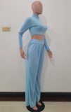 Blue High Neck Fitted Crop Top and Loose Pants 2PCS Set