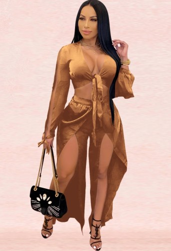 Golden Cut Out Knotted V-Neck Crop Top and Pant 2PCS Set