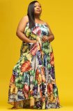Plus Size Colorful Leaf Print Cami Long Maxi Dress