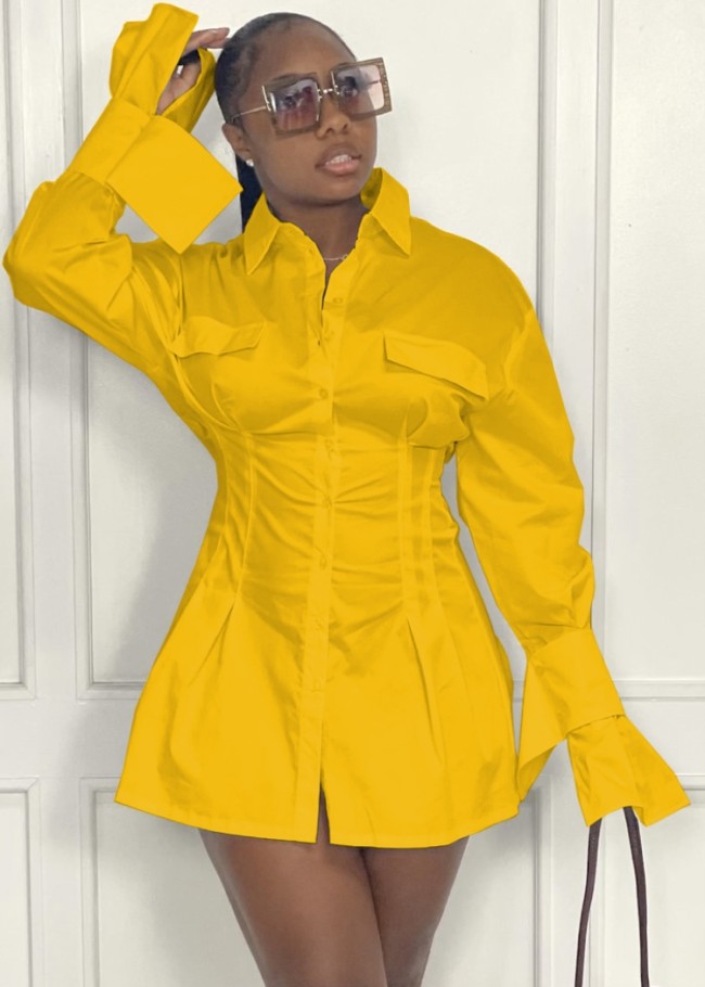 Yellow Flare Sleeve Button Up Nipped Waists Shirt