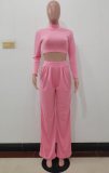 Pink High Neck Fitted Crop Top and Loose Pants 2PCS Set