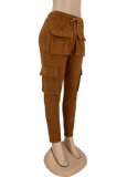 Brown Drawstring Cargo Pants with Pocket