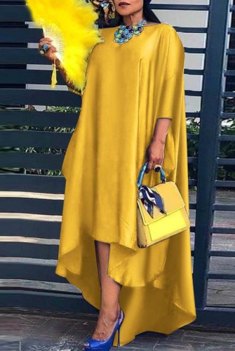 Plus Size Yellow Half Sleeve Irregular Wide Long Dress