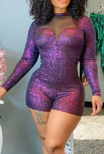 Sparkly Purple See Through Midi Neck Long Sleeve Romper
