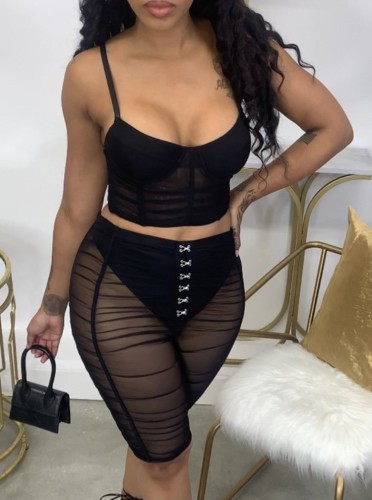 Black Mesh Cami Bustier Crop Top and Shorts 2PCS Set