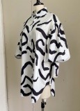 Black Stripes Print White Puff Sleeve Button Up Loose Blouse Dress