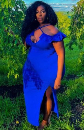 Plus Size Blue Cami Side Slit Ruffle Long Evening Dress