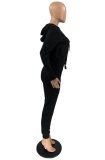 Black Zipper Up Long Sleeve Top and Pant with Pocket 2PCS Set