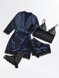 Blue Silk Nightgown and Panty Black Lace Lingerie 4PCS Set