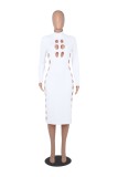 White Hollow Out Turtleneck Long Sleeve Bodycon Long Dress