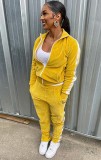 Yellow Velvet Zipper Open Long Sleeve Top and Pants 2PCS Set